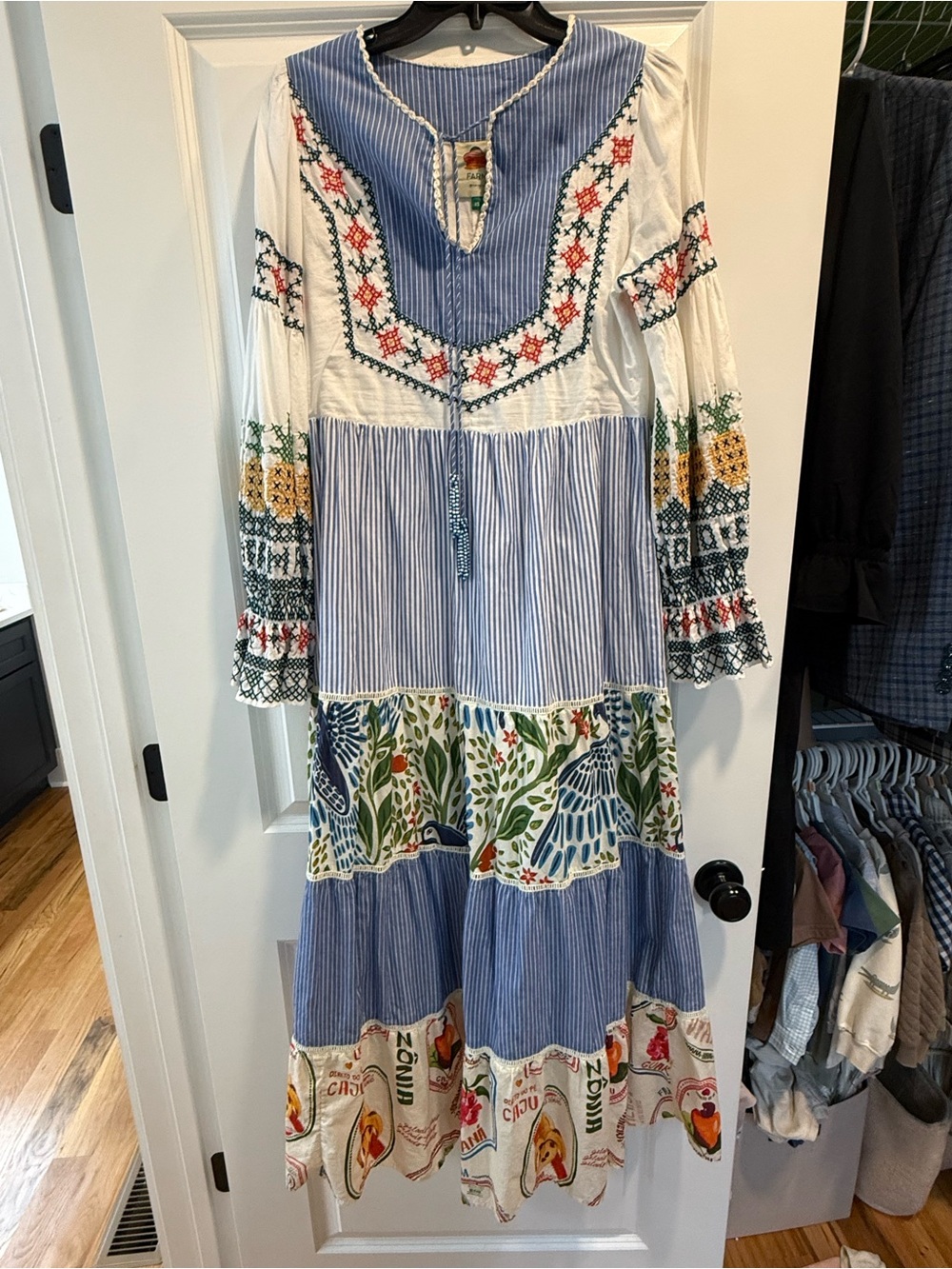 FARM Rio Blue and White Striped Embroidered Tiered Maxi Dress